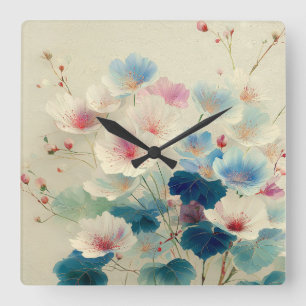 Relógio Quadrado Flores em Flor - Arte Botânica em Pastel Suave #1