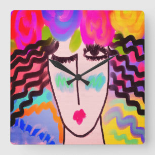 Relógio Quadrado Flores em sua arte abstracta do cabelo