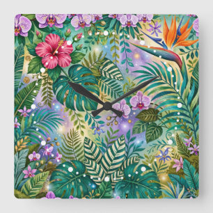 Relógio Quadrado Flores Fantasia da Selva Roxo Verde Dourado Sonhad