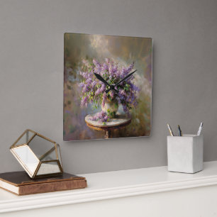 Relógio Quadrado Flores Liláticas em Vase