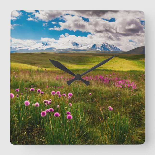 Relógio Quadrado Flores | Montanhas Altai, Sibéria, Rússia (Frente)