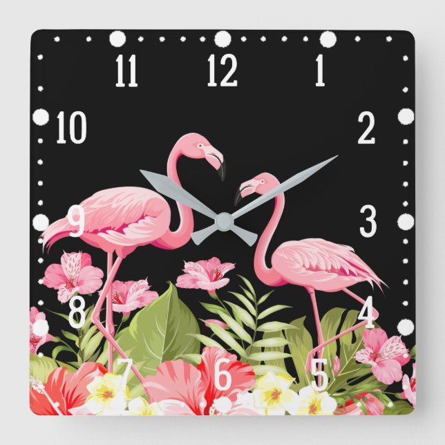 Relógio Quadrado Flores Tropicais e Design de Flamingos (Frente)