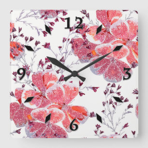 Relógio Quadrado Flores vermelhas cor-de-rosa em branco.