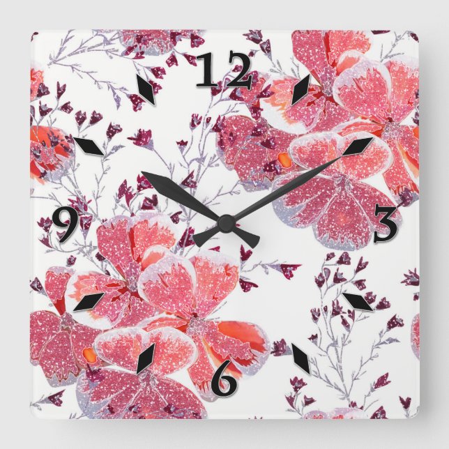 Relógio Quadrado Flores vermelhas cor-de-rosa em branco. (Frente)