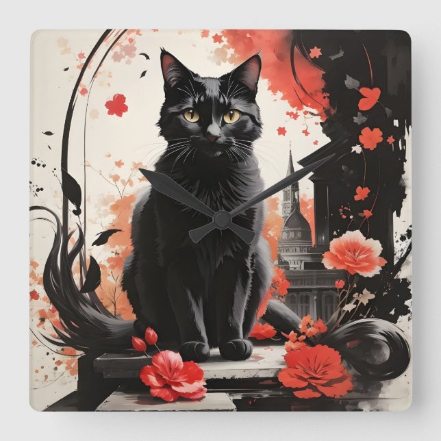 Relógio Quadrado Flores Vermelhas de Arte Negra de Gato de Aquarela (Frente)
