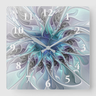 Relógio Quadrado Florescer Abstrato Moderno Floral Fractal Com Azul