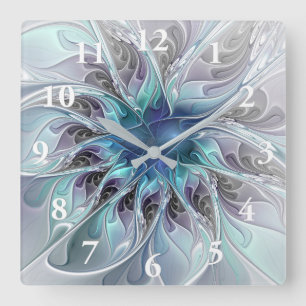 Relógio Quadrado Florescer Abstrato Moderno Floral Fractal Com Azul