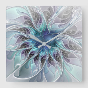 Relógio Quadrado Florescer Abstrato Moderno Fractal Flor Com Azul