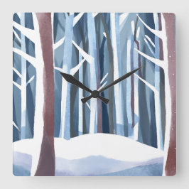 Relógio Quadrado Floresta de Inverno Nevada | Aquarela Simples Mode