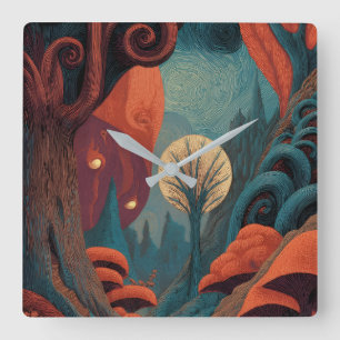 Relógio Quadrado Floresta de Redemoinho Mística Arte Parede