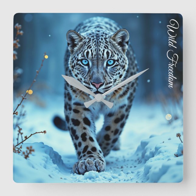 Relógio Quadrado Floresta encantada de leopardo-da-neve selvagem (Frente)