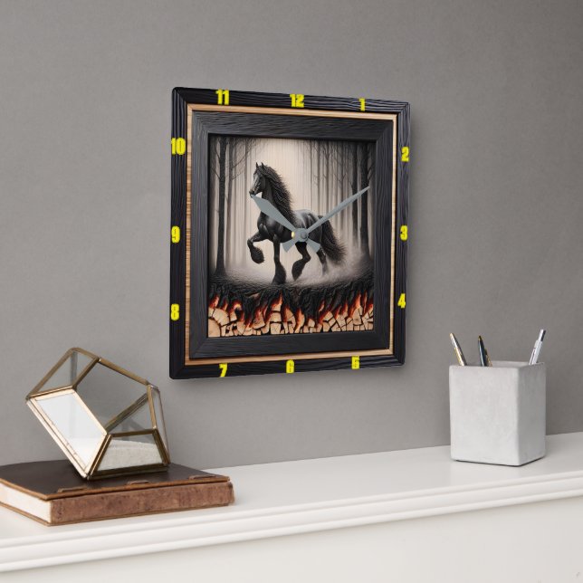 Relógio Quadrado Floresta Galope: Madeira Charred Friesiana Persona (Escritório)