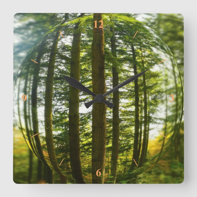 Relógio Quadrado Florestas através do olho de um peixe (Frente)