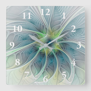 Relógio Quadrado Flourando Fantasia Moderna Azul Flor Fractal Verde