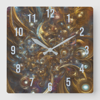 Relógio Quadrado Flourar Abstrato moderno Dourado Flor Fractal