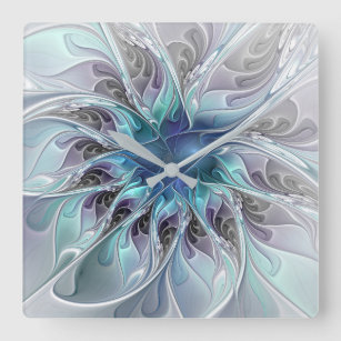 Relógio Quadrado Flourar Abstrato Moderno Flor Fractal Com Azul
