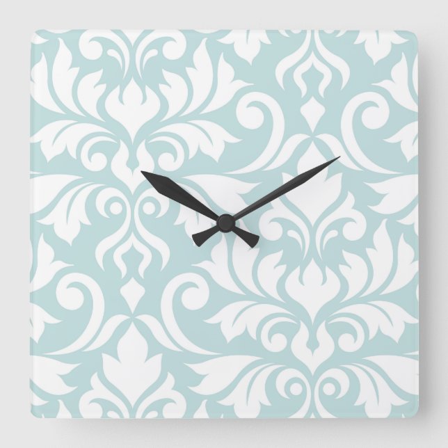 Relógio Quadrado Flourish Damask Art I White on Duck Egg Blue (Frente)