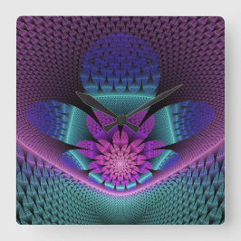 Relógio Quadrado Flower Fractal - Incomum - Padrão Colorida Fantasi