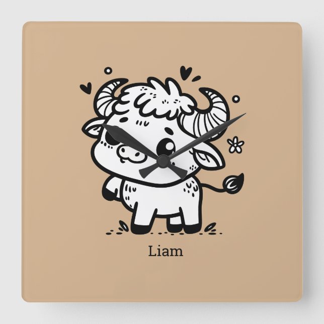 Relógio Quadrado Fluffy Buffalo Baby - Kawaii Fazenda Animal (Frente)