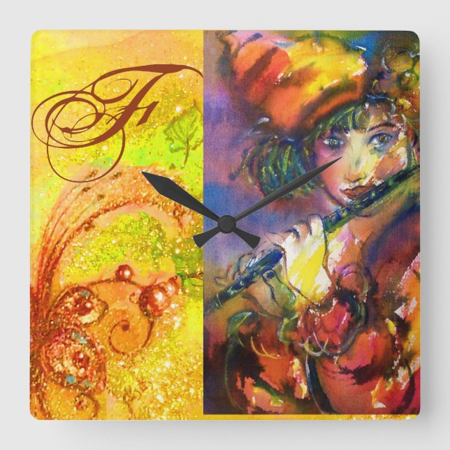 Relógio Quadrado FLUTIST PORTRAIT/Monograma de Mascarada Venetian (Frente)