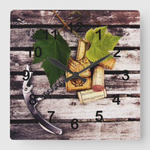 Relógio Quadrado Folha da uva, cortiça da garrafa de vinho e
