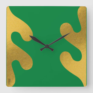 Relógio Quadrado Folha de Abstrato Verde Dourada Elegante