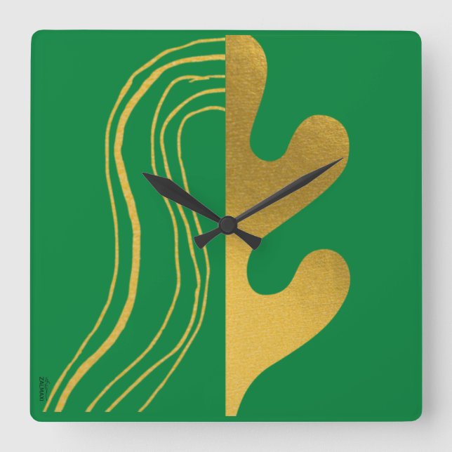 Relógio Quadrado Folha de Abstrato Verde Dourada Moderna (Frente)