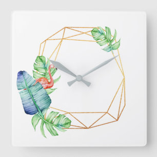 Relógio Quadrado Folha tropical Poligonal do flamingo do ouro