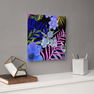 Relógio Quadrado Folhagem Botânica Fern Retro Floral Colorida