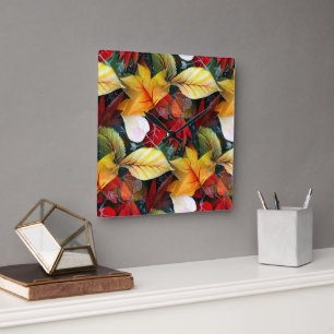 Relógio Quadrado Folhagem Outonal Efêmera em Aquarela Vibrante Ousa