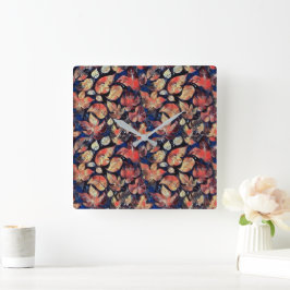Relógio Quadrado Folhas à Meia-Noite – Padrão Botânico Abstrato