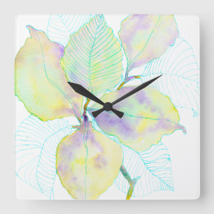 Relógio Quadrado Folhas Botânicas em Aquarela Amarelo Verde Pastel
