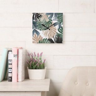 Relógio Quadrado Folhas da Selva Tropical Monstera 3