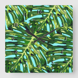 Relógio Quadrado Folhas de Monstera Tropical - Exótica