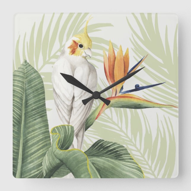 Relógio Quadrado Folhas De Palma Com Pássaro Branco (Frente)