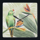 Relógio Quadrado Folhas de Palma com Pássaro Verde<br><div class="desc">Palm Sai Com Artista De Aves Verdes: Grace Popp| ID da imagem: 157018GG</div>