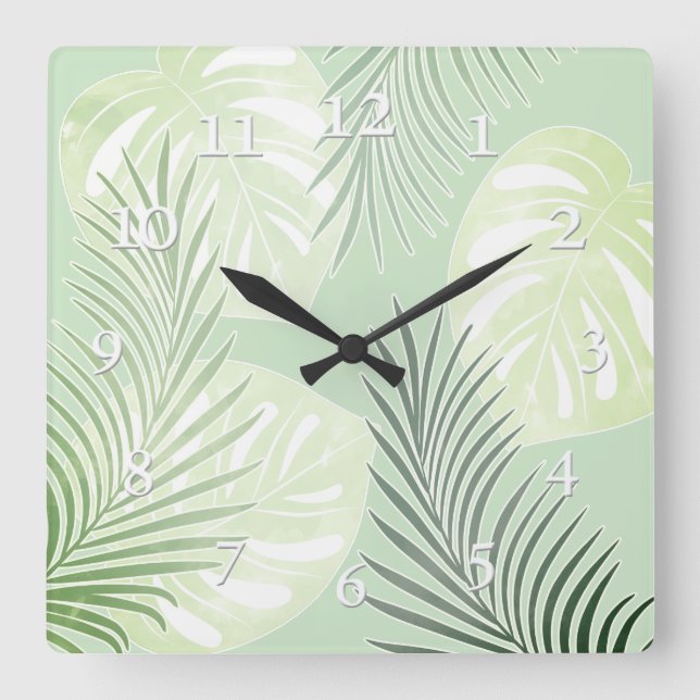 Relógio Quadrado Folhas de palma, tropicais, botânicas, folhas, sel (Frente)
