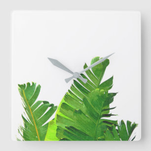 Relógio Quadrado Folhas de Palma Tropical Verde