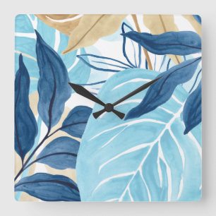 Relógio Quadrado Folhas de Selva Azul