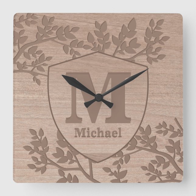 Relógio Quadrado Folhas gravadas de madeira nome monograma   (Frente)