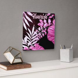 Relógio Quadrado Folhas Tropicais Botânicas Palma Rosa Personalizad
