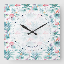 Relógio Quadrado Folhas tropicais cor-de-rosa flamingos