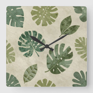 Relógio Quadrado Folia Tropical de Monstera em Aquarela Vintage Sem