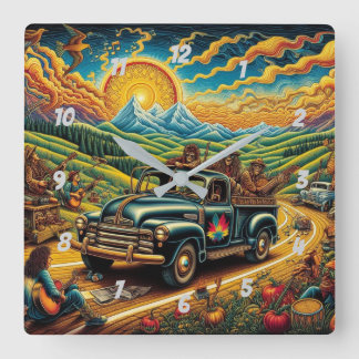 Relógio Quadrado Folk Art Road Trip