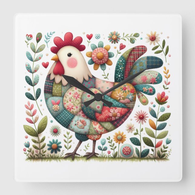 Relógio Quadrado Folk Patchwork Rooster with Floral Accents (Frente)