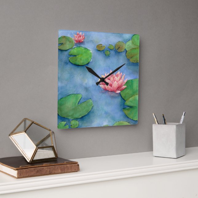 Relógio Quadrado Fôr de Lotus Aguarela (Escritório)