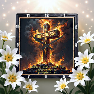 Relógio Quadrado Força Divina A Cruz Filipenses 4:13 Versículo