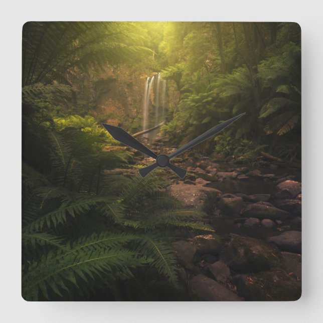 Relógio Quadrado Forests | Sunlight Highlights Waterfall (Frente)