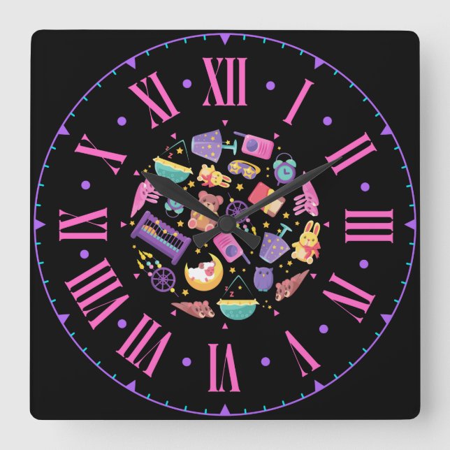 Relógio Quadrado Formas de Bebês e Ícones Numerais Romanos (Frente)
