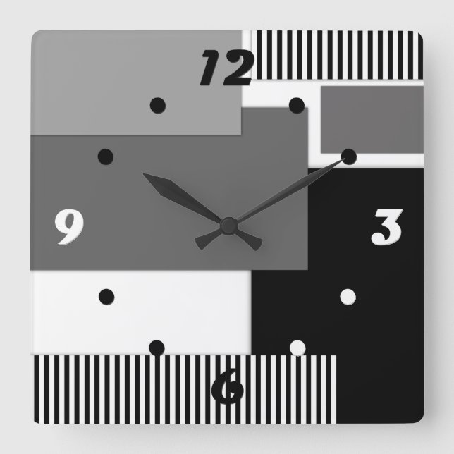 Relógio Quadrado Formas geométricas pretas e brancas (Frente)
